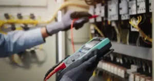 guy checking a circuit breaker while wearing gloves